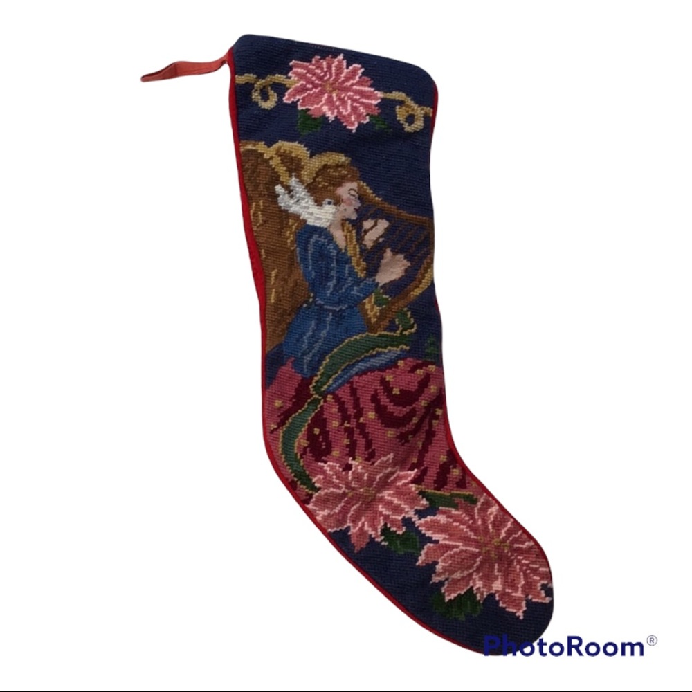 Vintage Needlepoint Angel Playing Harp With Dove Poinsettia Christmas Stocking